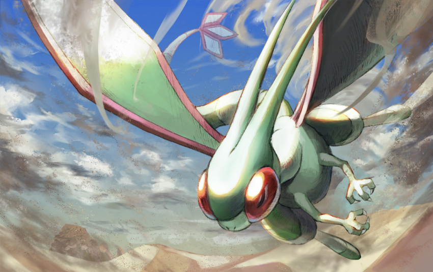 antennae blue_sky claws cloud commentary_request compound_eyes desert dragon dust_cloud flygon flying gen_3_pokemon green_wings hisui-cha nintendo no_humans outdoors pokemon pokemon_(creature) red_eyes sand sky tail tornado wings