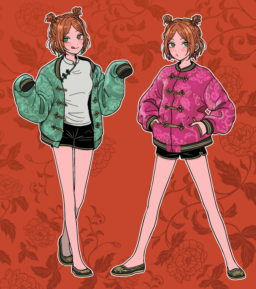 2girls aoi_hinata aoi_yuta black_footwear black_shorts blush curtained_hair double_bun earrings ensemble_stars! eyelashes fingernails flat_color full_body genderswap genderswap_(mtf) green_eyes green_jacket hair_bun hands_in_pockets hands_up head_tilt highres jacket jewelry legs_apart licking_lips medium_hair mo_ja multiple_girls open_clothes open_jacket orange_hair pink_jacket pout purple_nails red_background shirt shorts sideways_glance sleeves_past_fingers sleeves_past_wrists standing tongue tongue_out tsurime white_shirt