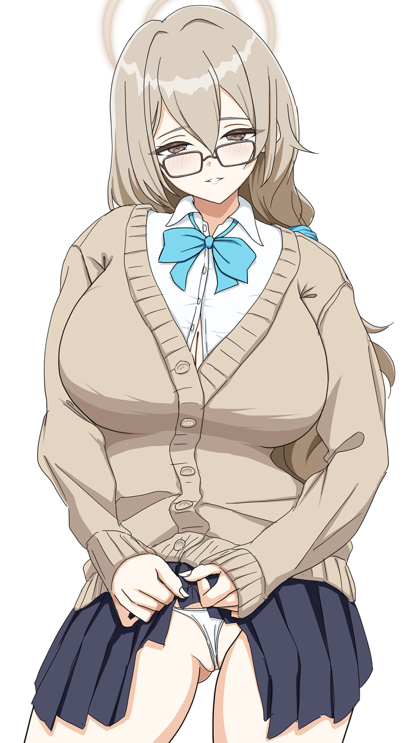 1girl akane_(blue_archive) akane_(school_uniform)_(blue_archive) blue_archive blush bow bowtie breasts brown_hair cardigan commentary_request glasses gluteal_fold halo highleg highleg_panties highres large_breasts long_hair looking_at_viewer panties pleated_skirt sakurein school_uniform shirt simple_background skirt smile solo underwear white_background white_panties white_shirt