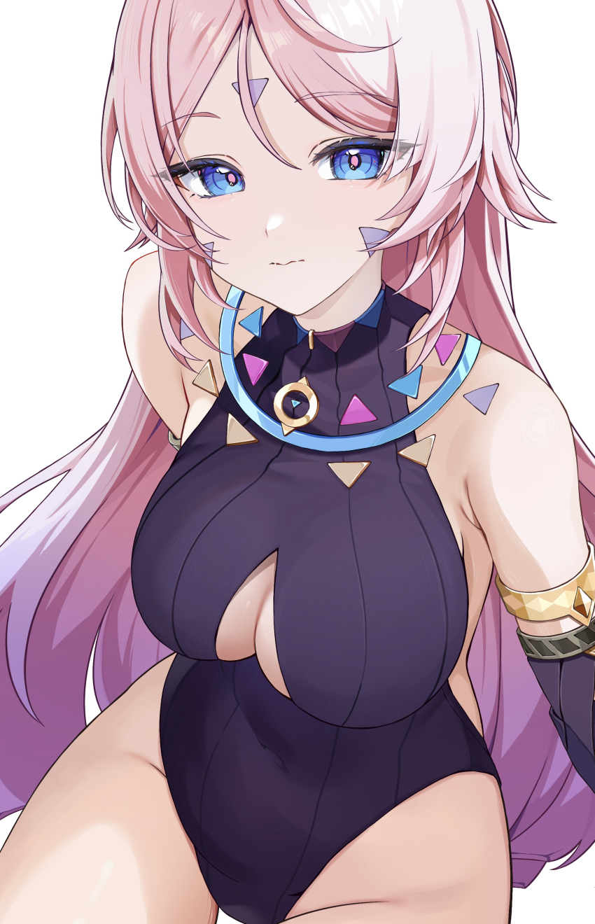 1girl absurdres armlet bare_shoulders blue_eyes blush breasts chobonu citlali_(genshin_impact) closed_mouth commentary covered_navel detached_sleeves facial_mark forehead_mark genshin_impact highres jewelry large_breasts leotard long_hair looking_at_viewer pink_hair pink_pupils purple_leotard purple_sleeves ribbed_leotard ribbed_sleeves see-through_collar simple_background solo symbol-only_commentary thighs triangle triangle_facial_mark usekh_collar white_background