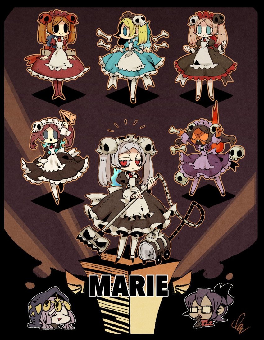 6+girls aeon_(skullgirls) alternate_color angry apron bloody_marie_(skullgirls) blush_stickers bone brooch character_name chibi colored_skin dress frilled_apron frilled_dress frills full_body grey_hair hair_ornament highres jewelry maid_headdress mary_janes multiple_girls multiple_persona pantyhose red_eyes red_skin shoes skull skull_hair_ornament skullgirls smile twintails vacuum_cleaner venus_(skullgirls) yamada9000 yellow_eyes