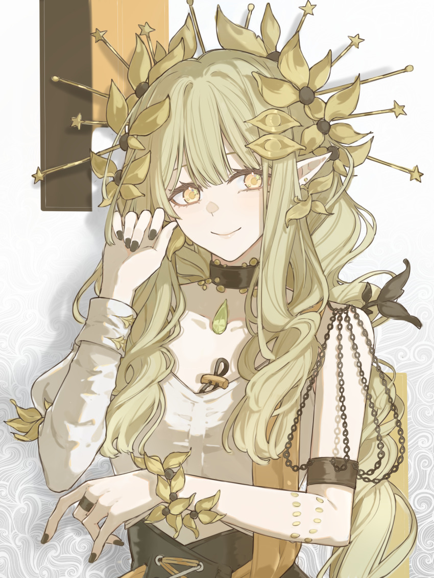 1girl absurdres ambience_synesthesia arknights arm_strap black_choker black_nails blonde_hair chinese_commentary choker closed_mouth collarbone commentary_request dot_nose dress ear_piercing elf flower hair_flower hair_intakes hair_ornament hair_stick hand_up highres jewelry long_hair long_sidelocks long_sleeves looking_at_viewer mole mole_under_eye muelsyse_(arknights) muelsyse_(golden_reverie)_(arknights) pendant piercing pointy_ears ring sidelocks single_sleeve smile solo star_(symbol) star_in_eye symbol_in_eye upper_body very_long_hair white_dress yellow_eyes yellow_flower yuansuiyi