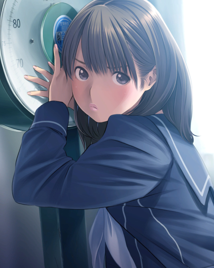 1girl anegasaki_nene angry backlighting bloom blue_sailor_collar blush brown_hair closed_mouth from_side frown hands_up highres indoors long_sleeves looking_to_the_side love_plus mole mole_under_eye neckerchief official_art own_hands_together purple_eyes sailor_collar school_uniform serafuku solo sunlight upper_body v-shaped_eyebrows weighing_scale weight_conscious white_neckerchief winter_uniform
