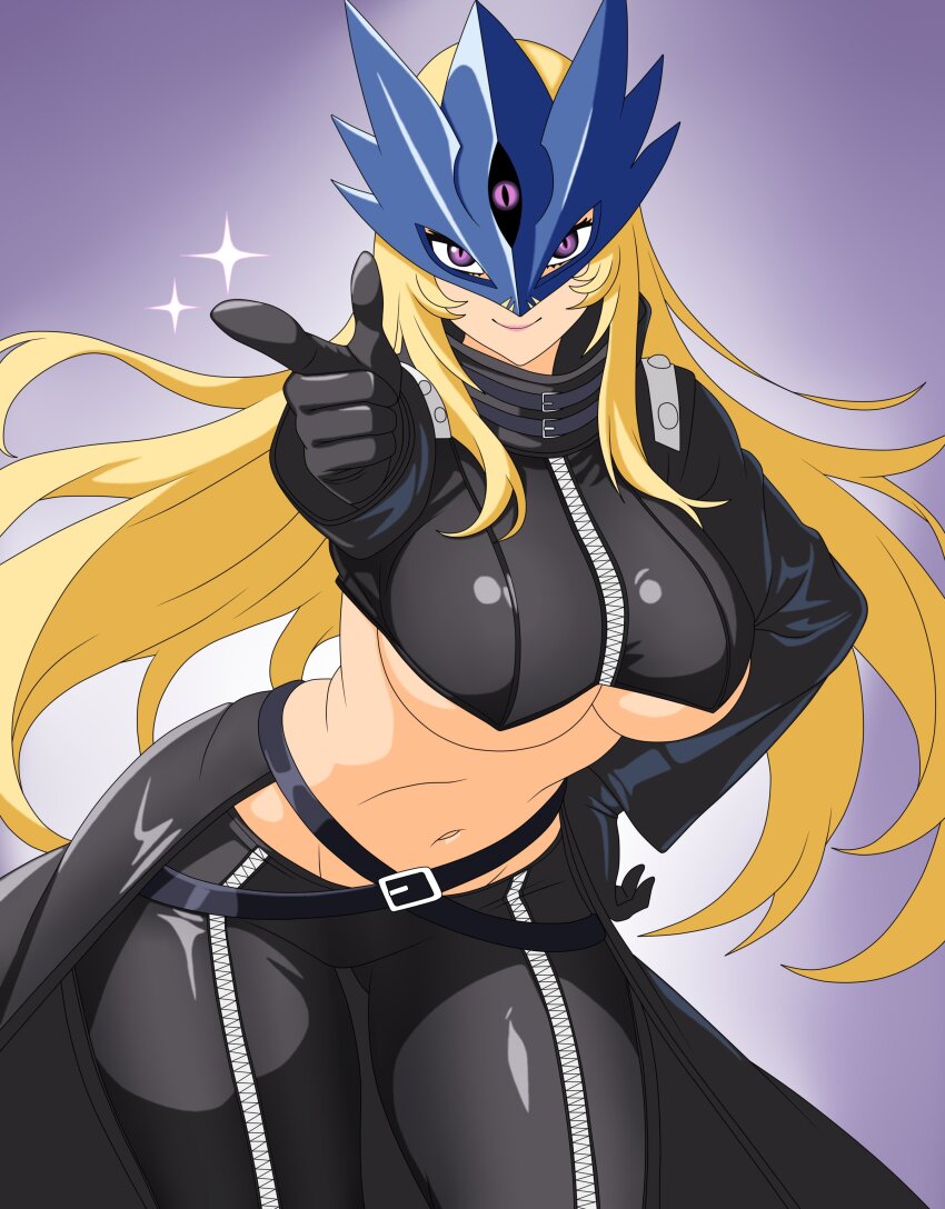 1girl absurdres beelstarmon belt belt_collar black_belt black_cape black_gloves black_mask black_pants black_scarf blonde_hair breasts cape closed_mouth collar commentary cowboy_shot cropped_jacket digimon digimon_(creature) eye_mask finger_gun gloves hand_on_own_hip highres jacket large_breasts leather leather_jacket leather_pants lipstick long_hair long_sleeves looking_at_viewer makeup mask navel pants purple_eyes purple_lips scarf sidelocks slit_pupils smile solo sparkle standing stomach third_eye tight_clothes tight_pants tsubasadraw underboob very_long_hair waist_cape zipper