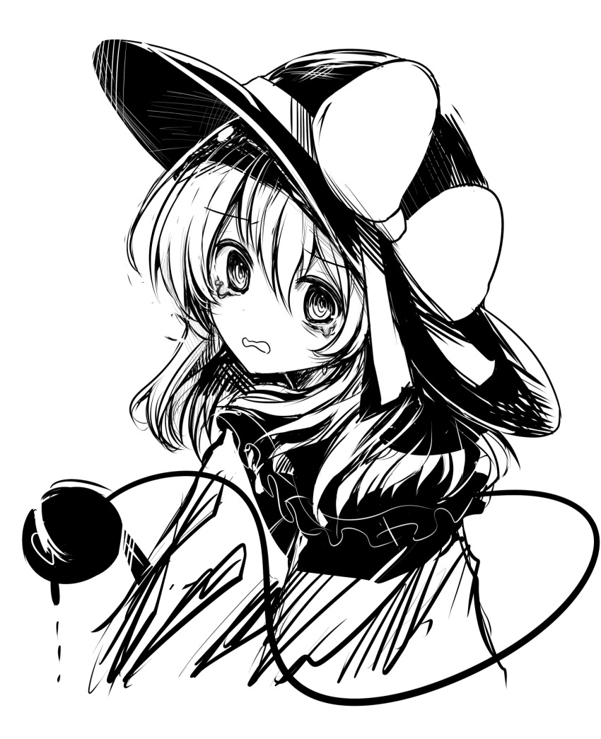 1girl black_hat bow commentary dot_nose frilled_shirt_collar frills hat hat_bow hat_ribbon highres komeiji_koishi long_hair looking_at_viewer looking_back monochrome open_mouth portrait rapameri ribbon ringed_eyes sad shirt simple_background solo tearing_up tears third_eye touhou wavy_mouth white_background