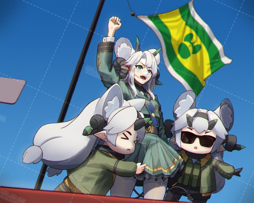 &gt;_&lt; 2024_attempted_assassination_of_donald_trump 3girls x_mouth absurdres animal_ear_fluff animal_ears arm_up black_hairband black_horns black_tail blue_eyes blue_sky character_request day flag flagpole green_horns green_jacket green_skirt grey_hair hairband highres horns huihuang_rongyao indie_virtual_youtuber jacket long_hair mouse_ears multicolored_horns multiple_girls multiple_horns outdoors pantyhose pointy_ears skirt sky sunglasses virtual_youtuber white_pantyhose
