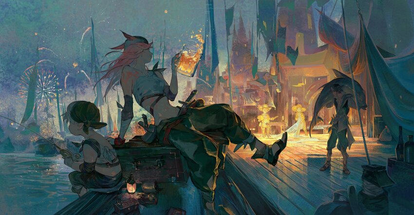 1girl 2boys aerial_fireworks alcohol animal_ears arm_tattoo arm_wrap armband baggy_pants bandaged_hand bandages bandana bandeau beer beer_mug belt black_bandana black_footwear black_pants blue_sky bottle box building cat_ears city commentary cup dagger english_commentary evening final_fantasy final_fantasy_xiv fireworks fish fishing fishing_rod flag grey_hair highres holding holding_cup holding_fishing_rod knife lalafell long_hair looking_afar luckyia midriff miqo&#039;te mug multiple_boys navel ocean oil_lamp outdoors pants pier pink_hair pointy_ears pouch sandals scenery short_hair single_bare_shoulder sitting sky smile standing summer_festival tattoo tent warrior_of_light_(ff14) water weapon wrist_cuffs
