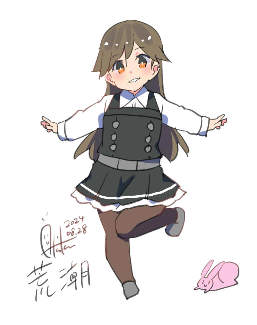1girl absurdres arashio_(kancolle) arashio_kai_ni_(kancolle) belt black_dress black_pantyhose brown_hair character_name dated dress dress_shirt frilled_dress frills grey_belt grey_footwear highres inica kantai_collection long_hair one-hour_drawing_challenge orange_eyes pantyhose pinafore_dress rabbit school_uniform shirt signature sleeveless sleeveless_dress white_background white_shirt