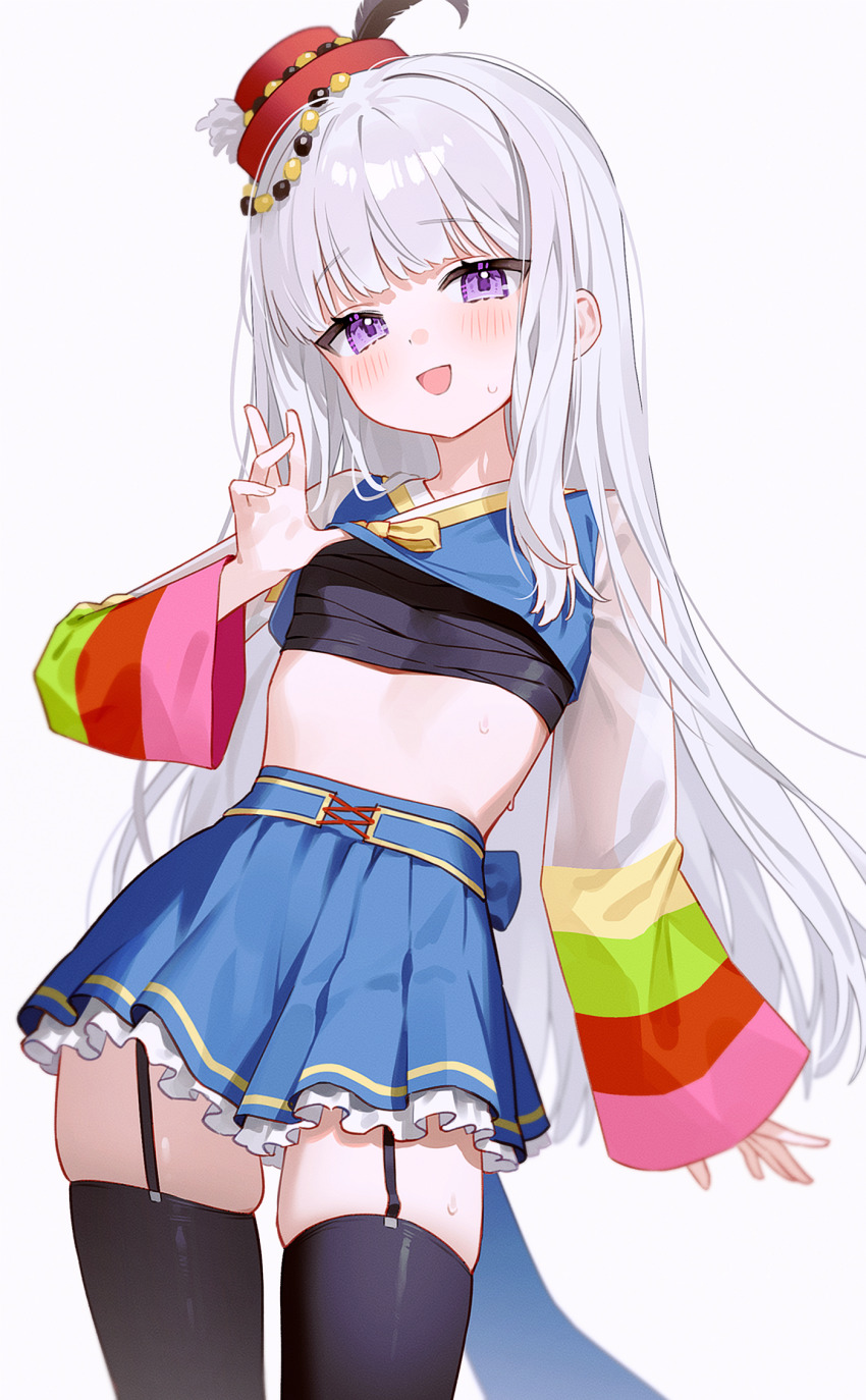 1girl bandages black_bandages black_thighhighs blue_shirt blue_skirt clothes_lift commission cowboy_shot crop_top frilled_skirt frills fymrie garter_straps hat high-waist_skirt highres korean_clothes lifting_own_clothes long_hair long_sleeves looking_at_viewer midriff miniskirt open_mouth original pleated_skirt purple_eyes red_hat sarashi see-through_clothes see-through_sleeves shirt shirt_lift skindentation skirt smile solo sweat sweatdrop thighhighs very_long_hair white_hair zettai_ryouiki