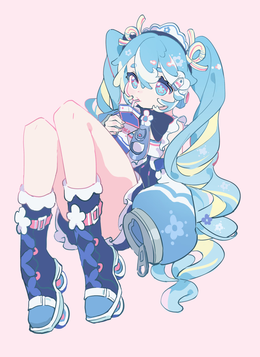 1girl absurdres aqua_hair blue_dress blue_eyes borrowed_design commentary_request commission commissioner_upload detached_sleeves dress drinking_straw drinking_straw_in_mouth flower-shaped_pupils flower_brooch frilled_headwear full_body hair_between_eyes hair_ornament hatsune_miku highres inline_skates kuweichuanxin_jr long_hair long_sleeves milk_carton multicolored_hair pink_background pixiv_commission puffy_long_sleeves puffy_sleeves roller_skates skates sleeves_past_fingers sleeves_past_wrists solo streaked_hair symbol-shaped_pupils twintails very_long_hair vocaloid white_hair yuki_miku yuki_miku_(2024)_(applicant)