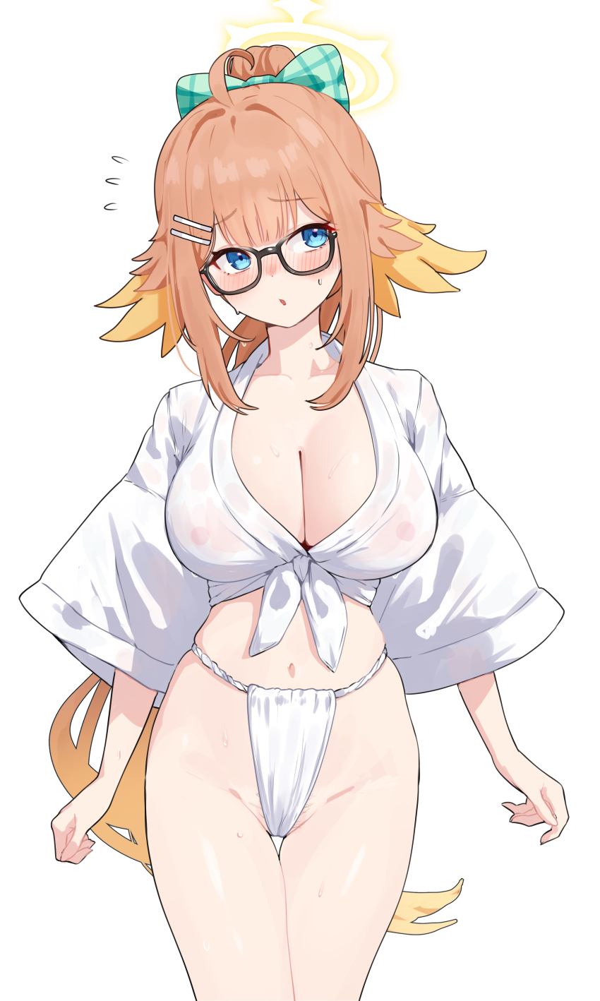 1girl absurdres ahoge alternate_costume alternate_hairstyle black-framed_eyewear blonde_hair blue_archive blue_eyes blush bow breasts cleavage collarbone covered_erect_nipples feather_hair female_pubic_hair fundoshi glasses green_bow hair_bow hair_ornament hairclip halo highres japanese_clothes large_breasts long_hair long_sleeves looking_at_viewer mizu_happi multicolored_hair navel open_mouth orange_hair plaid_bow ponytail pubic_hair pubic_hair_peek see-through_clothes shimiko_(blue_archive) shirt sidelocks simple_background solo sweat tansui_san_(tcjp4784) textless_version thighs tied_shirt very_long_hair white_background white_shirt wide_sleeves yellow_halo