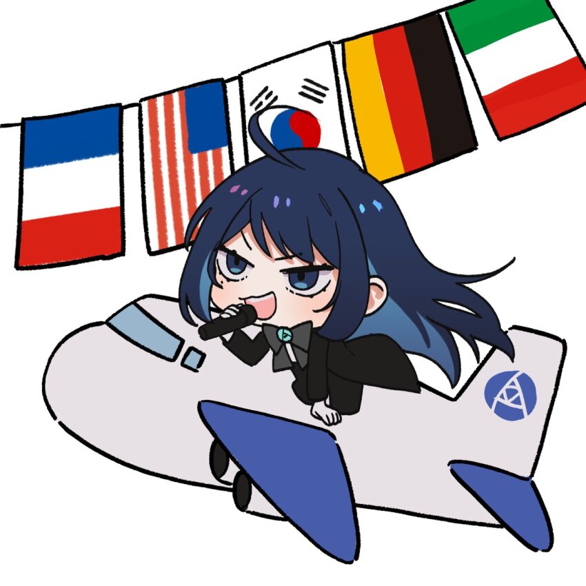 1girl ado_(utaite) ahoge aircraft airplane american_flag arm_support black_bow black_bowtie black_coat black_pants blue_eyes blue_flower blue_hair bow bowtie brooch chando_(ado) chibi cloud_nine_inc coat colored_inner_hair commentary_request flags_of_all_nations flower flower_brooch french_flag german_flag highres holding holding_microphone italian_flag long_hair long_sleeves microphone mole mole_under_eye multicolored_hair open_mouth pants riseno sidelocks simple_background solo south_korean_flag string_of_flags teeth two-tone_hair upper_teeth_only utaite white_background