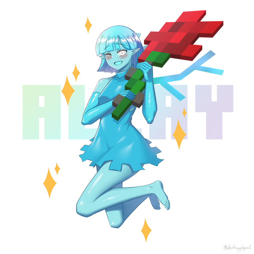 1girl absurdres allay aqua_dress aqua_hair aqua_skin bare_legs barefoot blush character_name colored_skin destinyplayer1 dress elbow_gloves flower gloves highres holding holding_flower medium_hair minecraft one_eye_closed open_mouth personification pointy_ears red_flower sleeveless sleeveless_dress smile solo sparkle white_eyes
