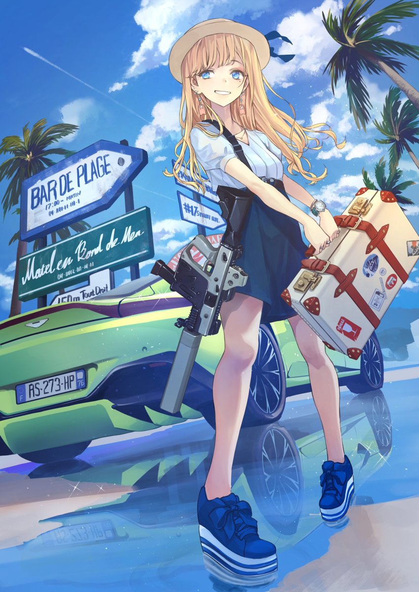 1girl aston_martin aston_martin_vantage bad_id bad_twitter_id bangle belt blonde_hair blue_bow blue_eyes blue_ribbon blue_shirt blue_shoes blue_skirt blue_sky bow bracelet breasts car cloud commentary contrail day ear_piercing earrings english_commentary eotech female_focus footwear_bow full_body gun gun_sling hat hat_ribbon high-waist_skirt highres holding holding_case holding_suitcase jewelry koh_(minagi_kou) kriss_usa kriss_vector license_plate long_hair looking_at_viewer magazine_(weapon) magpul mole mole_under_eye motor_vehicle multiple_earrings multiple_rings necklace original osprey_45 outdoors palm_tree parted_lips piercing polygonal_suppressor puffy_sleeves reflection ribbon rifle ring shirt shoes sidelocks sign silencerco skirt sky sling_(weapon) small_breasts smile sneakers solo standing submachine_gun suitcase suppressor transformational_defense_industries tree watch weapon wristwatch