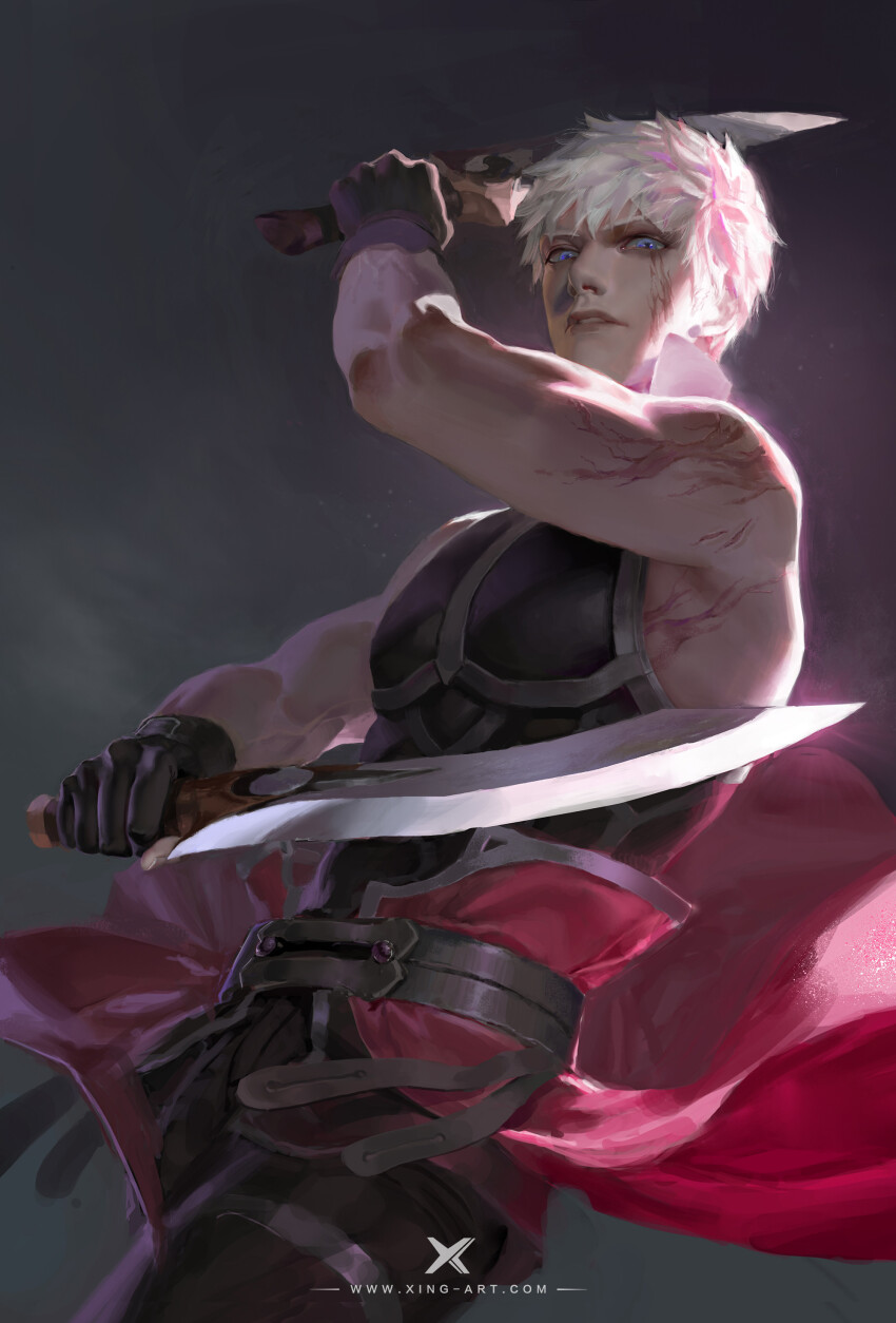 1boy absurdres artist_name bare_shoulders belt black_bodysuit black_gloves bodysuit brown_belt cape character_request chinese_commentary commentary_request copyright_request cowboy_shot crossed_belts determined dual_wielding fighting_stance floating_clothes furrowed_brow gloves grey_background grey_eyes highres holding holding_sword holding_weapon lips male_focus multiple_belts parted_lips red_cape scar scar_on_face scar_on_shoulder short_hair short_sword sleeveless sleeveless_bodysuit solo standing starlab sword teeth thick_eyebrows toned toned_male upper_teeth_only watermark weapon white_hair