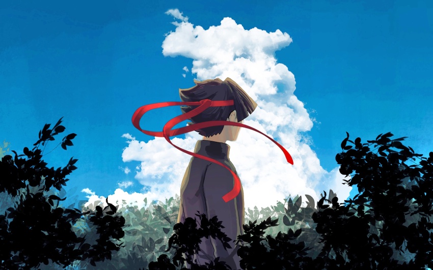 absurdres ace_attorney black_hair black_suit cloud formal_clothes headband highres japasu kazuma_asogi plant red_headband sky suit the_great_ace_attorney