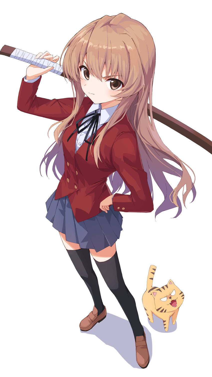 1girl absurdres aisaka_taiga black_ribbon black_thighhighs blue_skirt bokken brown_eyes brown_hair brown_shoes closed_mouth collared_shirt commentary_request hand_on_own_hip highres holding holding_sword holding_weapon jacket loafers long_hair long_sleeves looking_at_viewer neck_ribbon oohashi_high_school_uniform palmtop_tiger red_jacket ribbon school_uniform shirt shoes skirt solo standing sword thighhighs tiger toradora! weapon white_shirt wooden_sword yanagi_marie
