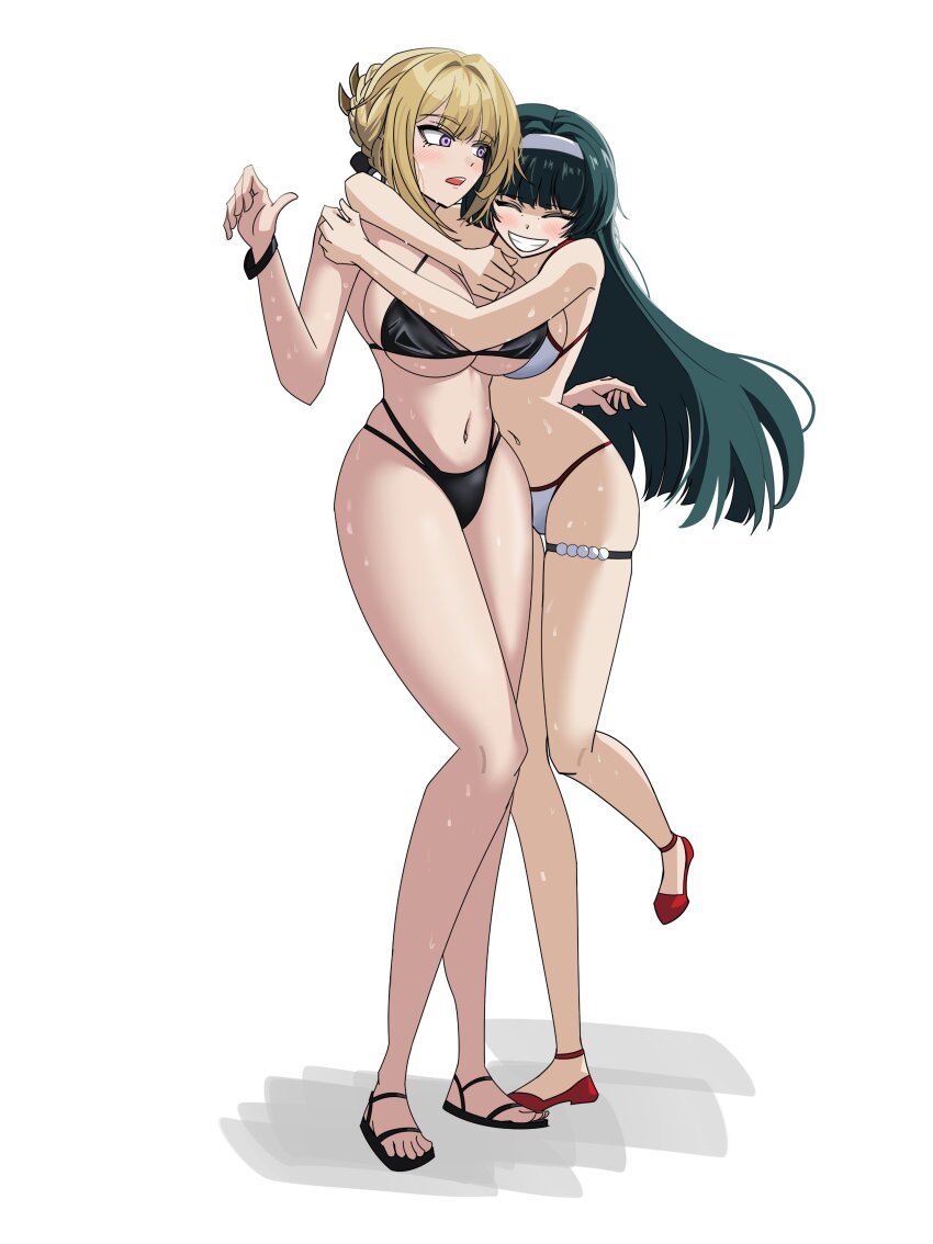 2girls ^_^ absurdres astra_yao bare_shoulders beach bikini black_bikini black_hair blonde_hair blush breasts choebal1356201 closed_eyes evelyn_chevalier hairband highres hug large_breasts long_hair multiple_girls navel outdoors purple_eyes side-tie_bikini_bottom smile swimsuit thigh_strap uneven_bangs white_background white_bikini white_hairband zenless_zone_zero