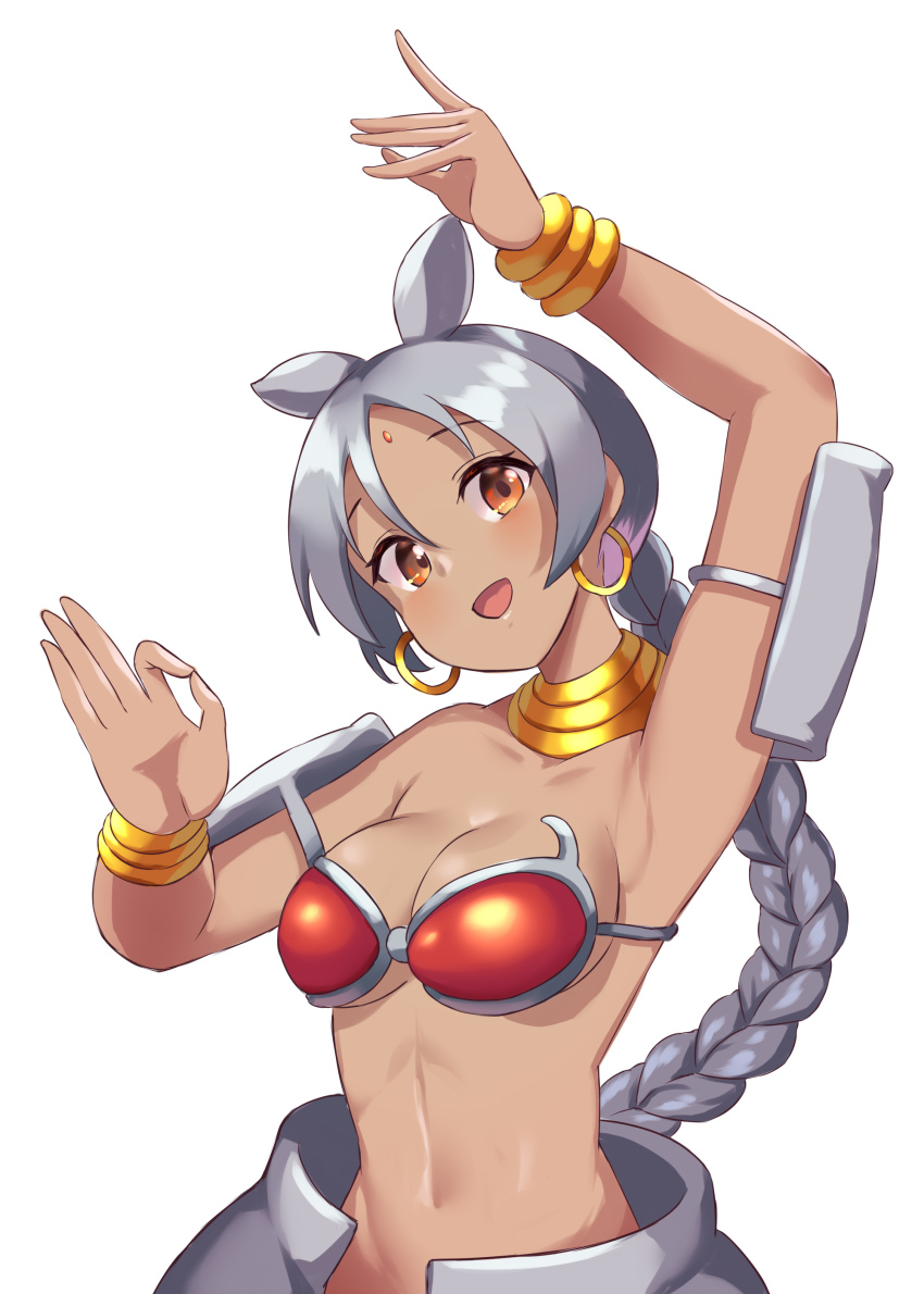 1girl absurdres animal_ears arm_over_head arm_up armor armpits bikini_armor braid braided_ponytail breasts brown_eyes cleavage collarbone dark-skinned_female dark_skin earrings extra_ears facial_mark forehead_mark grey_hair hair_between_eyes hand_up head_tilt highres hoop_earrings indian_rhinoceros_(kemono_friends) jewelry kemono_friends linea_alba long_hair looking_at_viewer medium_breasts navel neck_ring ok_sign open_mouth red_armor rhinoceros_ears sawara_noa shoulder_armor simple_background single_braid smile solo stomach upper_body very_long_hair white_background bracelet