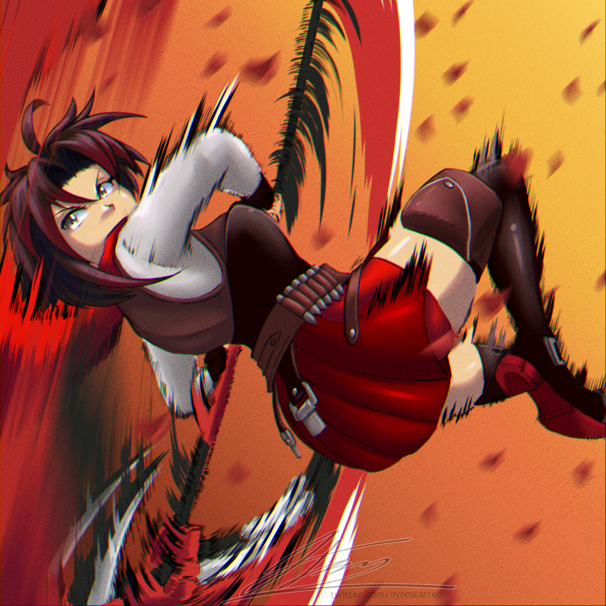1girl ahoge ammunition_belt black_boots black_hair boots bullet clip_studio_paint_(medium) crescent_rose eyelashes grey_eyes highres holding holding_scythe holding_weapon long_sleeves medium_hair motion_blur multicolored_hair nytescar red_hair red_petals red_skirt ruby_rose rwby scythe skirt solo twitter_username two-tone_hair v-shaped_eyebrows watermark weapon web_address