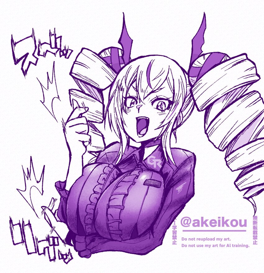 1girl absurdres akeikou arm_under_breasts breasts digimon digimon_card_game digimon_liberator dress drill_hair frilled_dress frills highres large_breasts limited_palette long_hair multicolored_hair purple_theme simple_background solo streaked_hair twin_drills two-tone_hair upper_body violet_inboots white_background