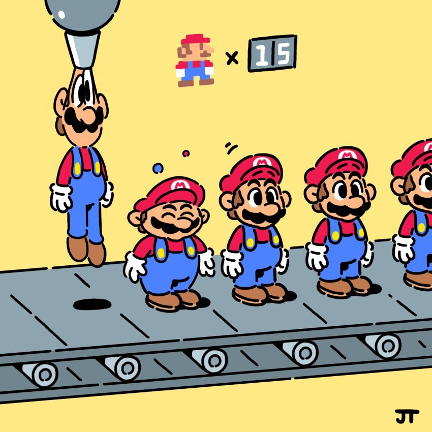 5boys black_eyes blue_overalls brown_hair brown_shoes clone closed_eyes commentary conveyor_belt english_commentary facial_hair gloves hat highres james_turner long_sleeves male_focus mario mario_(series) multiple_boys multiple_persona nintendo overalls production_line red_hat red_shirt shirt shoes short_hair signature simple_background super_mario_maker white_gloves yellow_background