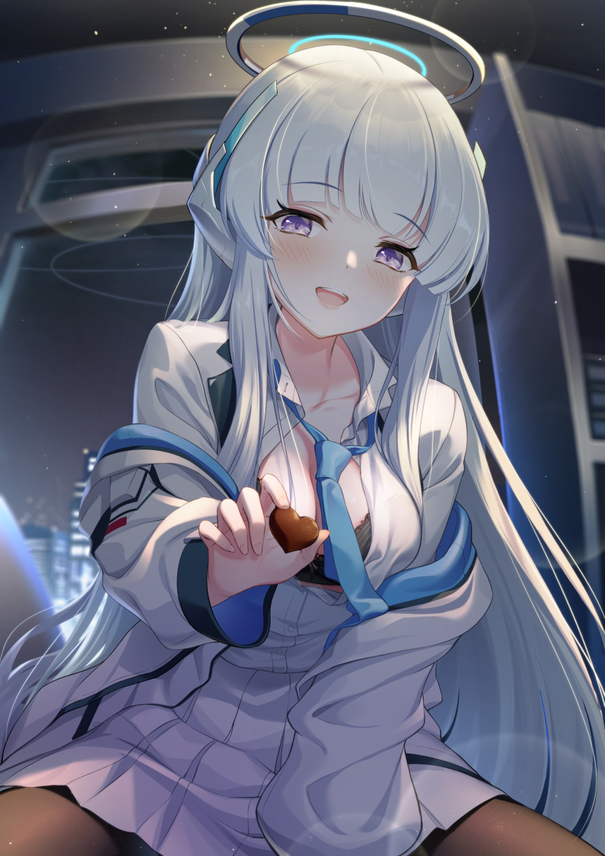 1girl black_bra black_pantyhose blue_archive blue_necktie blurry blurry_background bra breasts candy chocolate chocolate_heart cleavage collared_shirt commentary_request dress_shirt food halo headgear heart highres holding holding_food incoming_food indoors jacket light_particles long_hair long_sleeves looking_at_viewer loose_necktie medium_breasts necktie noa_(blue_archive) open_clothes open_jacket open_mouth pantyhose partially_unbuttoned pleated_skirt purple_eyes rice_rabbit22 shirt shirt_tucked_in sidelocks sitting skirt smile solo teeth underwear upper_teeth_only very_long_hair white_hair white_jacket white_shirt white_skirt window