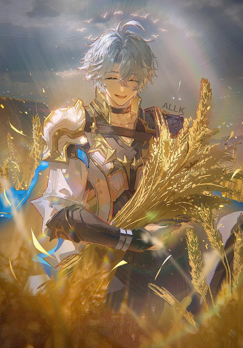 1boy :d antenna_hair armor artist_name black_choker black_shirt blue_cape cape choker closed_eyes coat hashtag-only_commentary highres holding_wheat honkai:_star_rail honkai_(series) male_focus ming_zhentan_allk open_mouth parted_bangs pauldrons phainon_(honkai:_star_rail) shirt short_hair shoulder_armor single_pauldron smile solo wheat_field white_coat white_hair