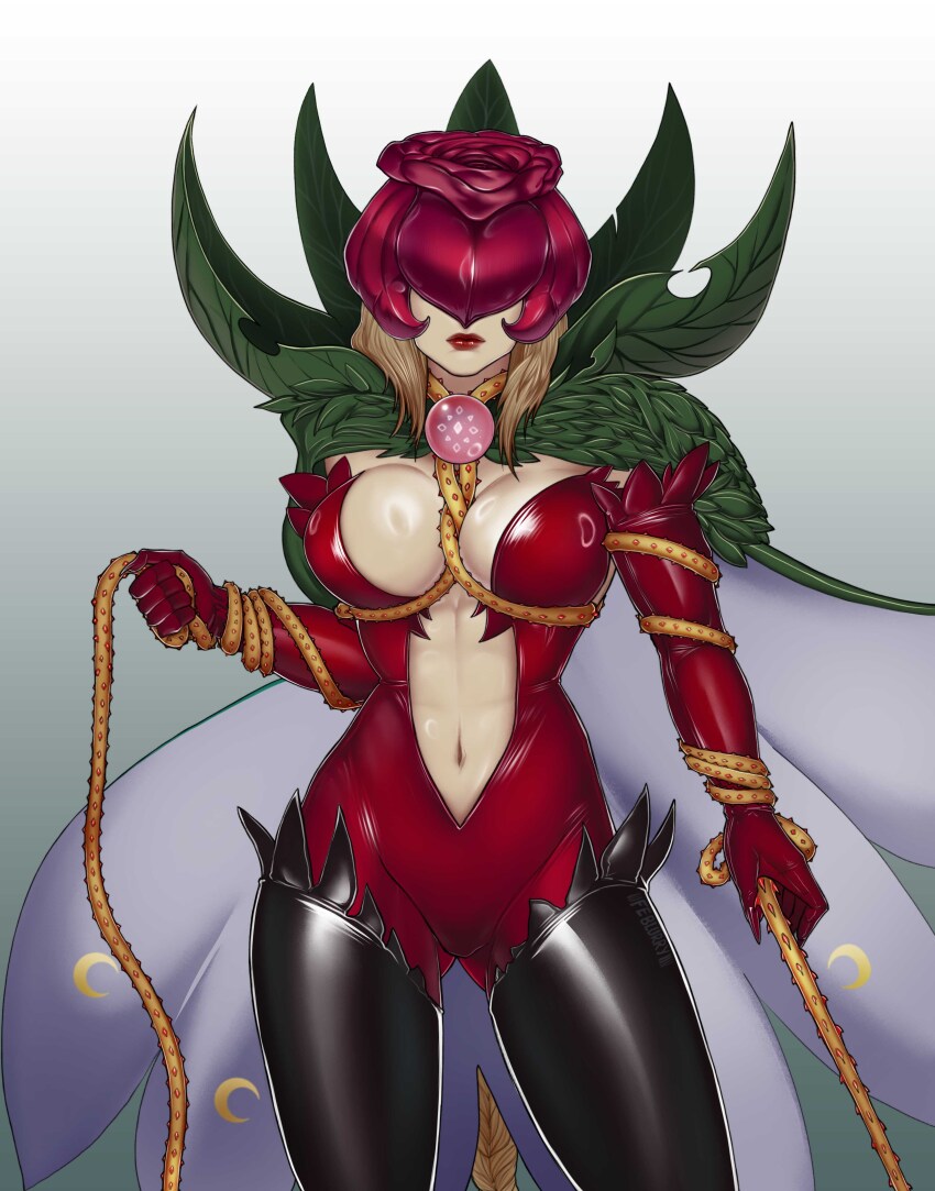 1girl absurdres blonde_hair bodysuit boots braid braided_ponytail breasts cape chest_jewel cleavage digimon digimon_adventure:_(2020) digimon_adventure_tri. digimon_savers facing_viewer feblurry flower gloves gradient_background green_cape grey_background highres jewelry large_breasts lips lipstick long_hair low_neckline makeup mask mask_on_head midriff navel red_bodysuit red_gloves rose rosemon shiny_clothes sleeveless thigh_boots thorns tiferet toned toned_stomach two-tone_cape whip white_background white_cape