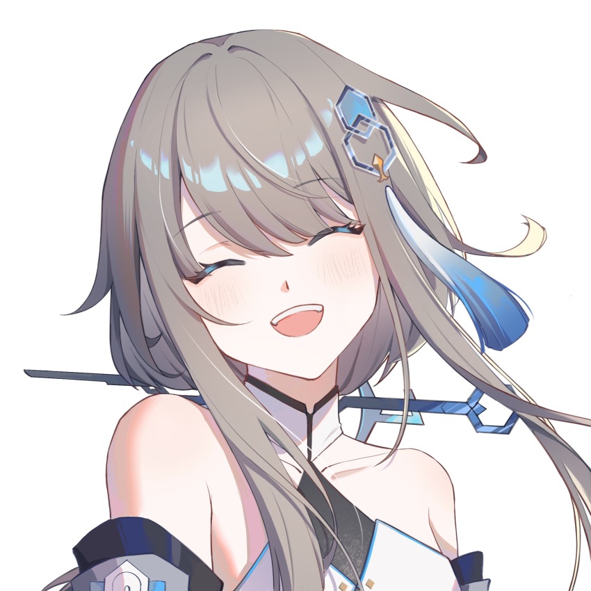 1girl :d bare_shoulders blush brown_hair closed_eyes collarbone detached_sleeves facing_viewer genshin_impact grey_hair guizhong_(genshin_impact) hair_ornament hair_stick highres long_hair open_mouth short_hair_with_long_locks sidelocks simple_background smile solo upper_body white_background ziran085