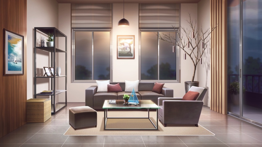 apartment balcony bare_tree blurry blurry_background boat book ceiling_light cloud cloudy_sky couch curtains drop_shadow footrest glass_table gradient_background highres indoors night no_humans non-web_source official_art orange_light our_life:_beginnings_and_always painting_(object) photo_(object) pillow plant potted_plant railing sailboat scenery shelf sky table tree tree_ornament watercraft window_light