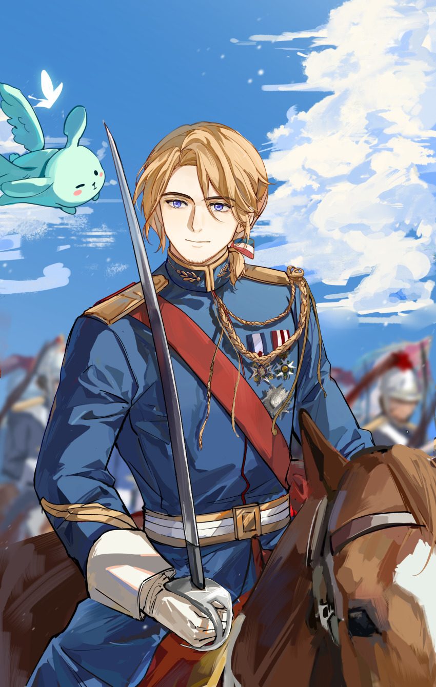 1boy absurdres aiguillette army award_ribbon axis_powers_hetalia blonde_hair blue_jacket blue_sky bow brown_horse cloud creature cubed_(houkuaid) facial_hair france_(hetalia) french_army gloves goatee_stubble hair_bow high_collar highres holding holding_sword holding_weapon horse horseback_riding jacket low_ponytail male_focus medal medium_hair military military_jacket military_uniform ponytail purple_eyes red_sash reins riding sash short_ponytail sky smile stubble sword weapon white_gloves