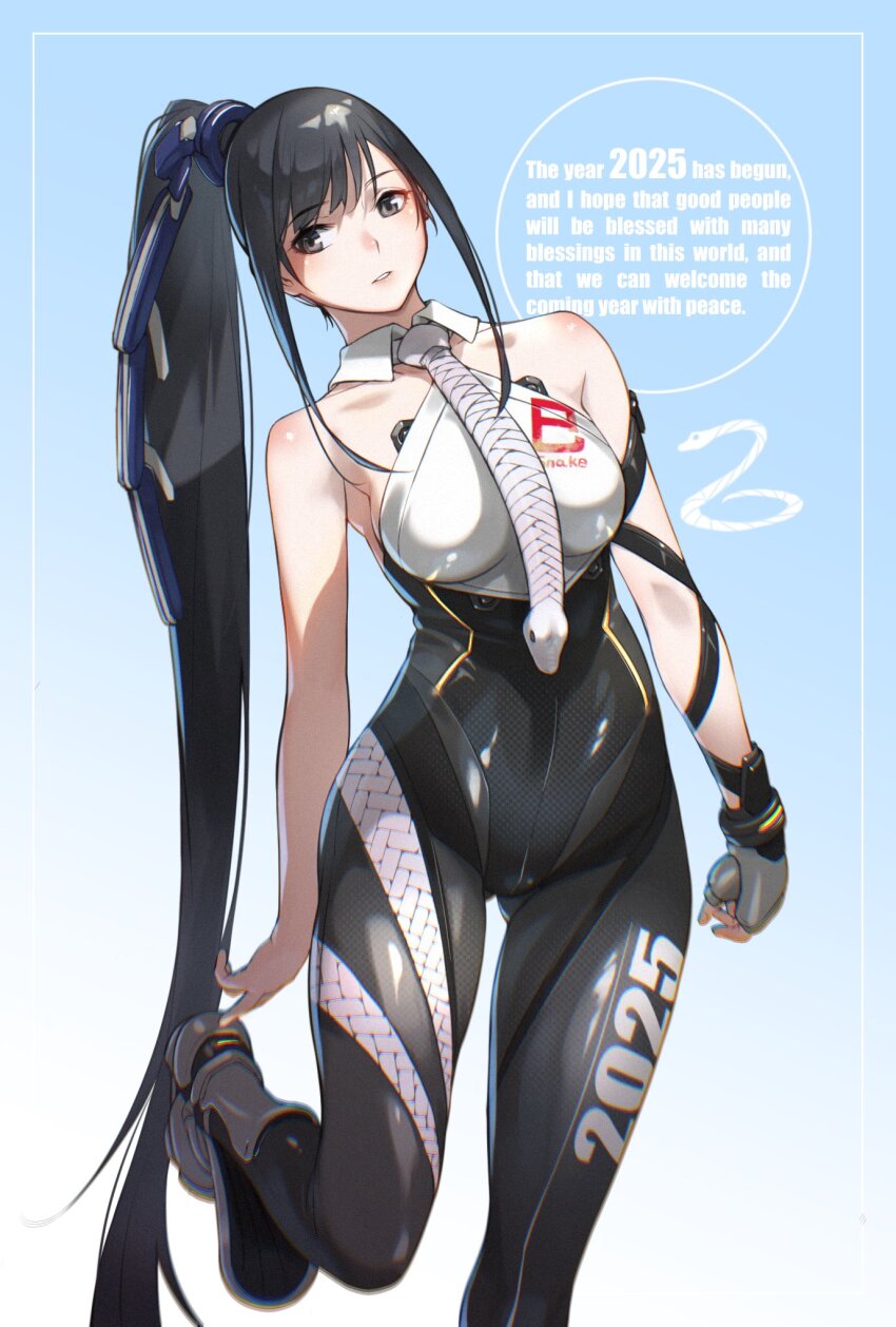 1girl adjusting_footwear bare_shoulders black_hair bodysuit boots breasts collar eve_(stellar_blade) fingerless_gloves fune_(fune83ojj) gloves grey_eyes high_ponytail highres long_hair looking_at_viewer necktie ponytail simple_background single_fingerless_glove snake solo stellar_blade white_collar