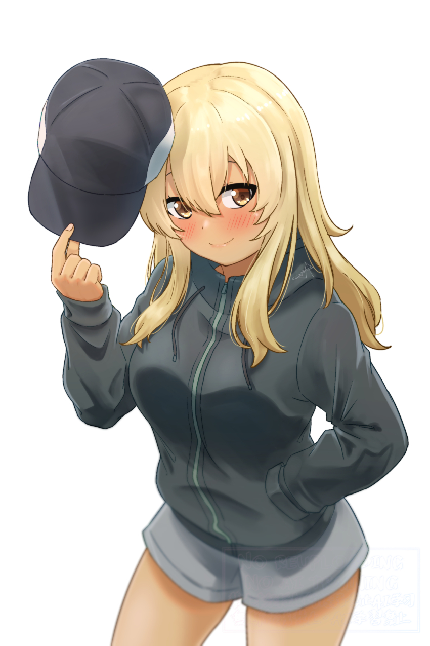 1girl absurdres baseball_cap black_hat black_hoodie blonde_hair blush breasts closed_mouth commentary cowboy_shot grey_shorts hair_between_eyes hand_in_pocket hat higa_kana highres holding holding_unworn_clothes holding_unworn_hat hood hoodie long_hair long_sleeves looking_at_viewer medium_breasts mutsuki_(mutsuki0110) okinawa_de_suki_ni_natta_ko_ga_hougen_sugite_tsurasugiru short_shorts shorts simple_background smile solo standing tan unworn_hat unworn_headwear white_background yellow_eyes