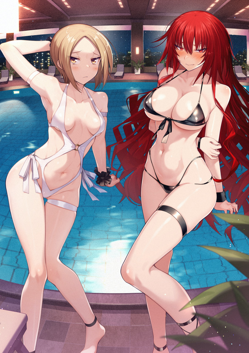 2girls absurdres arm_strap arm_up armpits bare_shoulders bikini black_bikini blush breasts brown_hair cleavage cluseller commentary_request eyepatch highres korean_commentary long_hair maji_de_watashi_ni_koi_shinasai! margit_eberbach multiple_girls navel one-piece_swimsuit one_eye_covered oshitari_azumi pool red_eyes red_hair second-party_source short_hair standing stomach swimsuit thigh_strap thighs water white_one-piece_swimsuit yellow_eyes