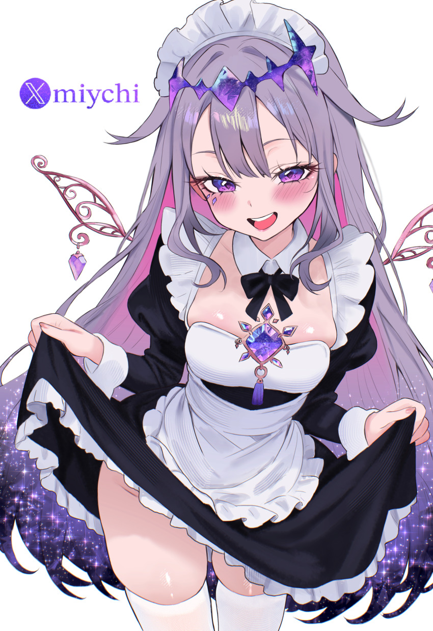 1girl absurdres alternate_costume apron black_bow black_bowtie black_dress blush bow bowtie center-flap_bangs chest_jewel circlet collared_dress commentary_request double-parted_bangs dress enmaided frilled_apron frills full_body gem gradient_hair grey_hair hair_flaps highres hololive hololive_english jewel_under_eye koseki_bijou long_hair looking_at_viewer maid maid_apron maid_headdress miychi multicolored_hair open_mouth purple_eyes purple_gemstone purple_hair sidelocks simple_background skirt_hold smile socks solo standing thighhighs very_long_hair virtual_youtuber waist_apron white_apron white_background white_thighhighs