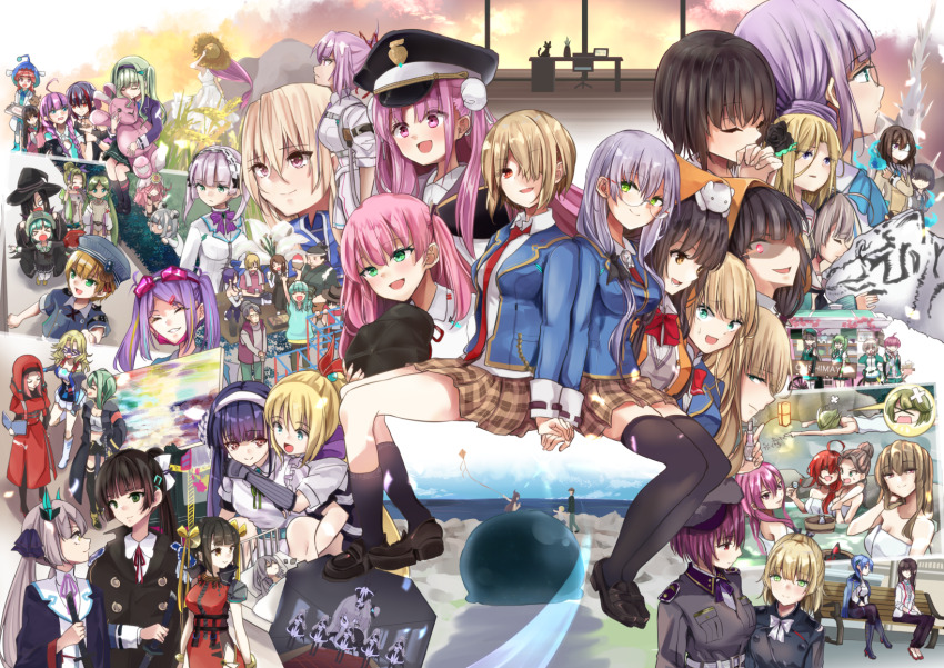 6+girls aikawa_megumi aoi_erika asakura_karen_(heaven_burns_red) asami_makiko_(heaven_burns_red) bench black_flower black_footwear black_hair blazer blonde_hair blue_eyes bow braid brown_hair bungo_yayoi byakko_(heaven_burns_red) cane carole_reaper cat character_request charlotta_skopovskaya crutch date_akari everyone eye_mask flower glasses green_eyes green_hair grey_hair hair_flower hair_ornament hair_over_one_eye hairband hanamura_shiki hat heaven_burns_red highres higuchi_seika hiiragi_kozue irene_redmayne ishii_iroha izumi_yuki_(heaven_burns_red) jacket japanese_clothes kanzaki_adelheid kayamori_ruka kiryuu_miya kite kunimi_tama kura_satomi kurage_(kurage19) kurozawa_maki li_yingxia maria_de_angelis maruyama_kanata matsuoka_chiroru mikoto_fubuki minase_ichigo minase_sumomo mizuhara_aina multicolored_hair multiple_boys multiple_girls murohushi_risa nanase_nanami_(heaven_burns_red) narvy_(heaven_burns_red) natsume_inori necktie nikaidou_misato ogasawara_hisame ooshima_ichiko ooshima_isuzu ooshima_minori ooshima_muua ooshima_niina ooshima_yotsuha orange_hair painting_(object) pink_hair plaid_clothes plaid_skirt purple_bow purple_hair red_bow red_hair red_necktie rumi_(heaven_burns_red) sakuraba_seira satsuki_mari shirakawa_yuina skirt stuffed_animal stuffed_rabbit stuffed_toy sugawara_chie tenne_miko tezuka_saki tiger toujou_tsukasa towel tsukishiro_monaka vritika_balakrishnan white_tiger witch_hat yamawaki_bon_ivar yanagi_mion yuri