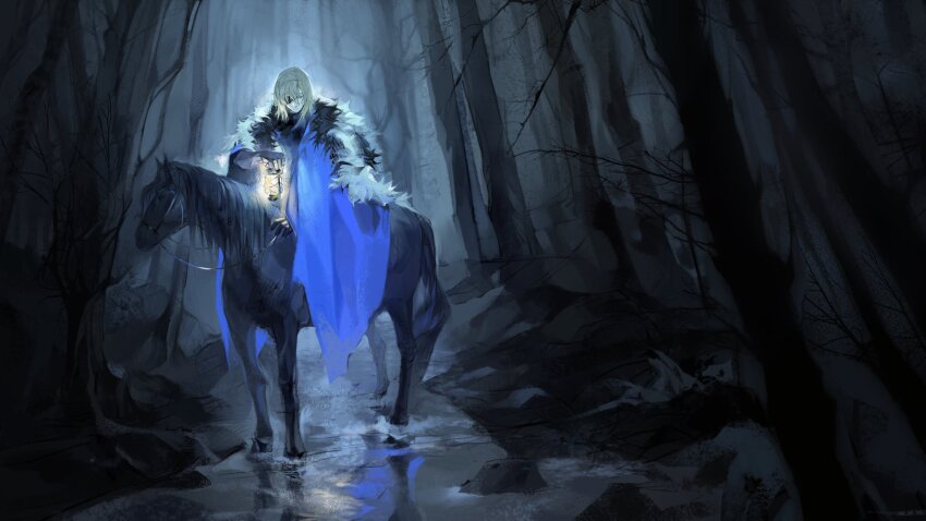1boy animal animal_ears armor bare_tree black_armor black_fur black_horse blonde_hair blue_cape blue_eyes cape clenched_hand closed_mouth commentary dimitri_alexandre_blaiddyd dimitri_alexandre_blaiddyd_(timeskip) eyepatch fire_emblem fire_emblem:_three_houses forest fur_trim hand_up hashtag-only_commentary highres holding holding_lantern horse horseback_riding lantern looking_down male_focus moxom nature nintendo one_eye_covered reins riding solo stream tail tree water white_fur