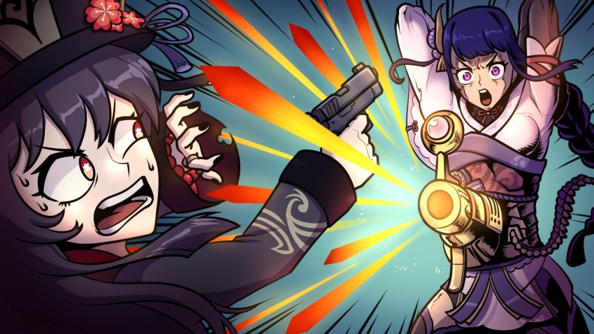 2girls ammunition arms_up battle_tendency bead_bracelet beads black_hair black_headwear black_nails blue_background bracelet commentary emphasis_lines english_commentary footballhead genshin_impact gun handgun highres holding holding_gun holding_weapon hu_tao_(genshin_impact) japanese_clothes jewelry jojo_no_kimyou_na_bouken kimono long_braid long_hair long_sleeves multiple_girls nail_polish obi open_mouth parody purple_eyes purple_hair purple_kimono raiden_shogun red_eyes rudolph_von_stroheim sash sweat upper_body v-shaped_eyebrows very_long_hair weapon