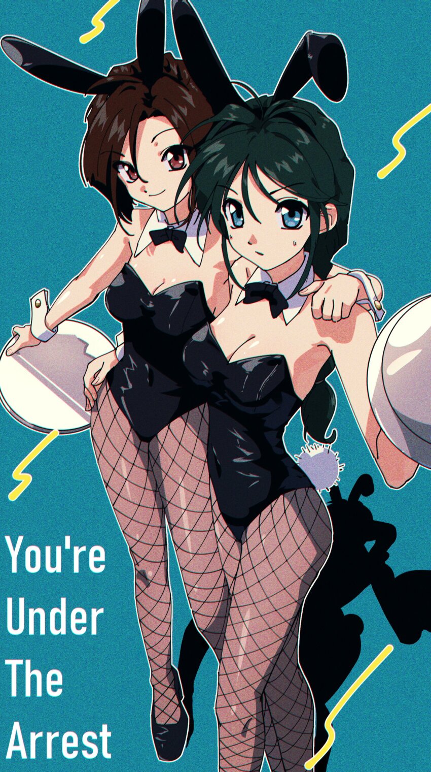2girls absurdres animal_ears black_footwear black_leotard blue_background blue_eyes blue_hair bow bowtie braid breasts cleavage detached_collar fake_animal_ears fishnet_pantyhose fishnets from_above hair_intakes high_heels highres holding holding_tray kobayakawa_miyuki leotard long_hair medium_breasts multiple_girls nzeneee pantyhose parted_bangs playboy_bunny rabbit_ears rabbit_tail red_eyes red_hair short_hair sideboob single_braid smirk strapless strapless_leotard sweatdrop taiho_shichauzo tail tray tsujimoto_natsumi