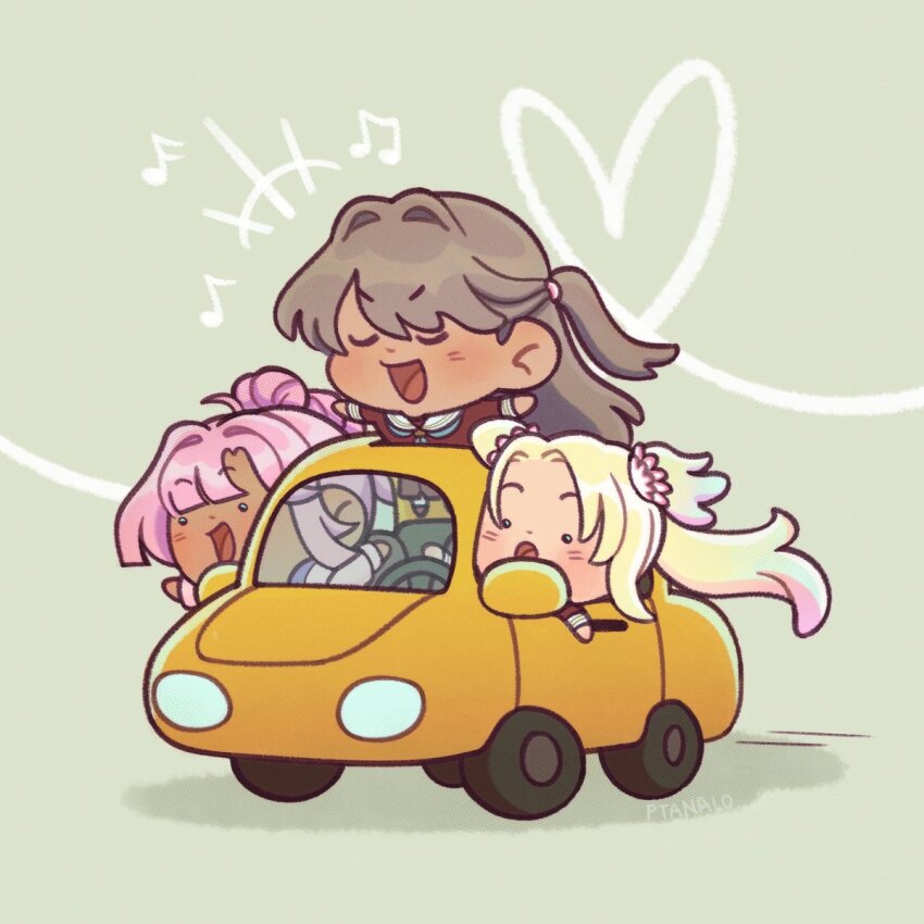 +++ 3girls :d :o ahoge alt_text anyoji_hime aqua_neckerchief artist_name beamed_eighth_notes blonde_hair blue_eyes blue_hair blunt_bangs brown_dress car chibi chibi_only commentary dress driving eighth_note english_commentary flower fujishima_megumi gradient_hair green_background hair_flower hair_intakes hair_ornament hasu_no_sora_school_uniform heart heart_of_string highres hood hooded_jacket jacket link!_like!_love_live! long_hair long_sleeves love_live! medium_dress mira-cra_park! motor_vehicle multi-tied_hair multicolored_hair multiple_girls music musical_note neckerchief open_mouth orange_car osawa_rurino parted_bangs pink_flower pink_hair pink_jacket pleated_dress ponytail ptanalo sailor_collar sailor_dress school_uniform sidelocks simple_background singing sixteenth_note smile sunroof swept_bangs twintails virtual_youtuber white_sailor_collar winter_uniform