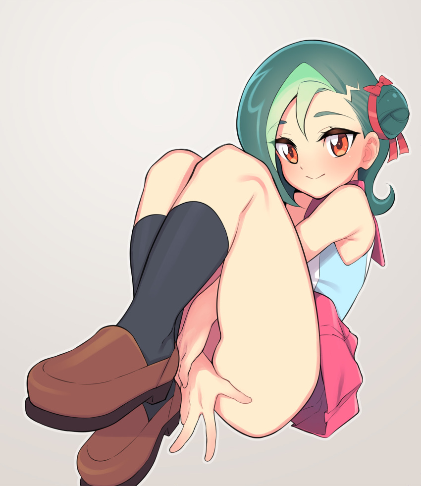 1girl blush clothes_lift covering_crotch covering_privates full_body green_hair hair_ribbon highres loafers looking_at_viewer mizuki_kotori_(yu-gi-oh!) orange_eyes ribbon school_uniform shirt shoes skirt skirt_lift socks solo ukokkei yu-gi-oh! yu-gi-oh!_zexal