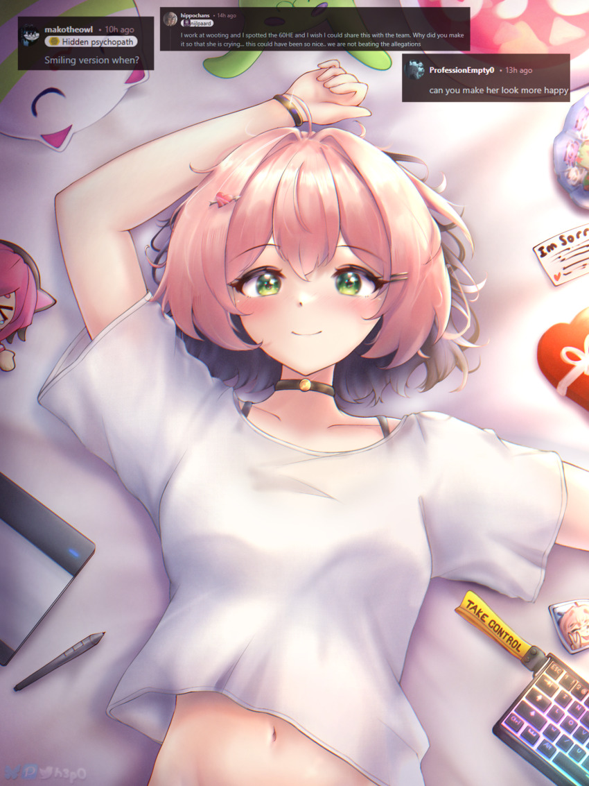 1girl bed bed_sheet black_hair blush choker h3p0 highres looking_at_viewer midriff multicolored_hair osu! pink_hair pippi_(osu!) shirt smile stuffed_toy white_shirt