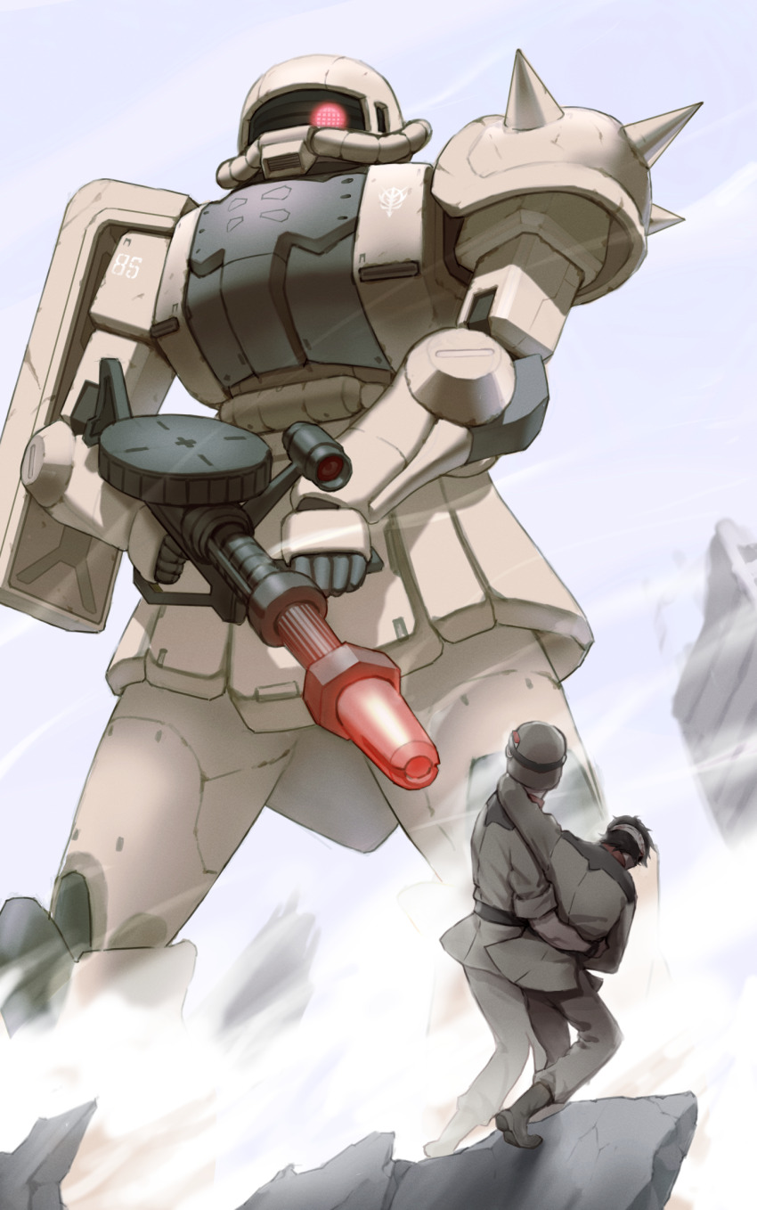 bandaged_head bandages boots carrying carrying_person gun gundam helmet highres injury mecha military_uniform mobile_suit_gundam pencil_pusher robot soldier weapon zaku zaku_ii