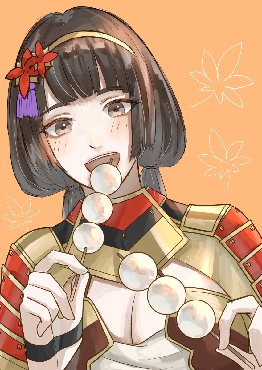 armor black_hair boots breasts brown_eyes cleavage dango eating food highres ii_naotora large_breasts lips long_hair sengoku_musou smile twintails wagashi