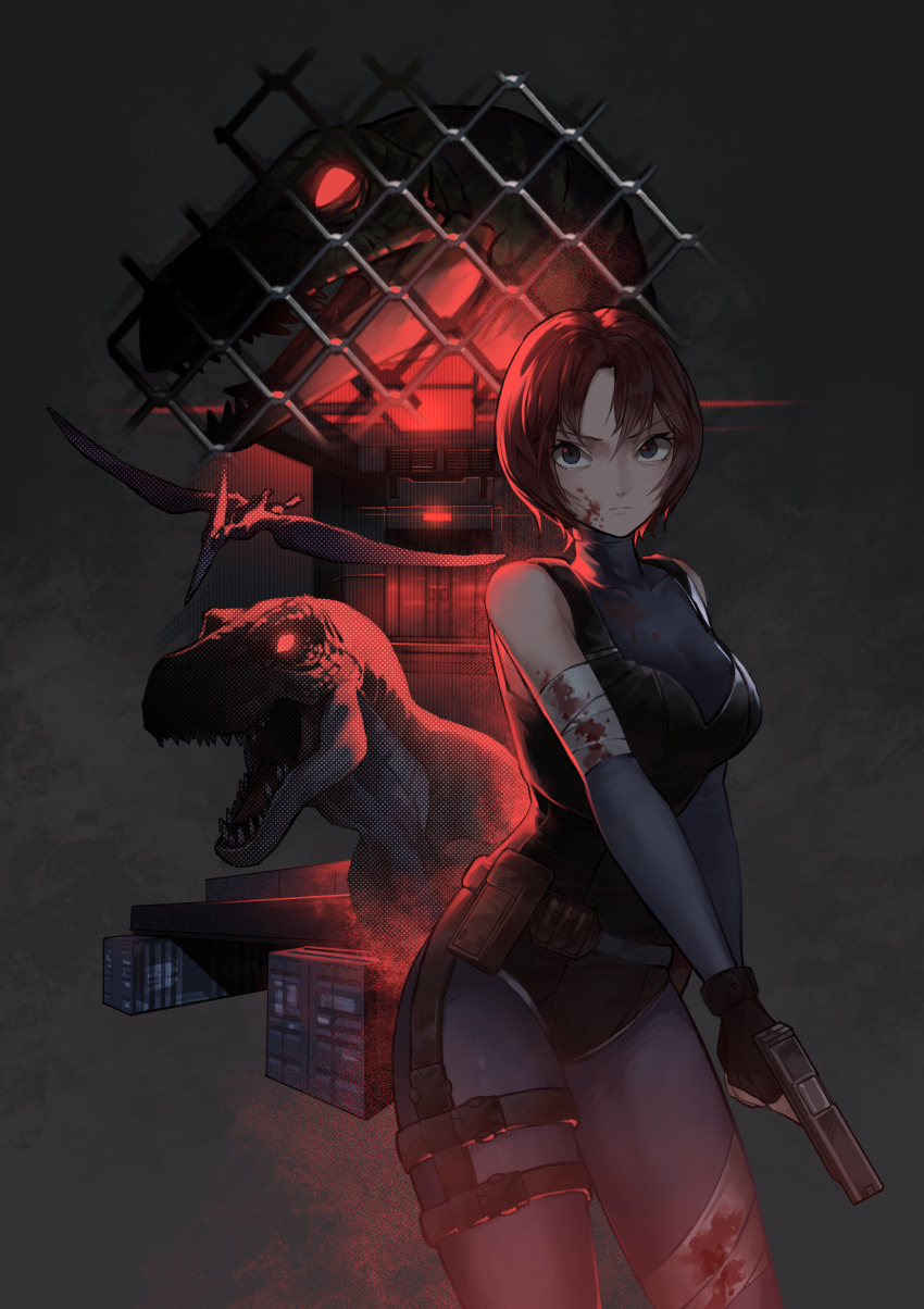 1girl absurdres backlighting bandaged_arm bandaged_leg bandages bare_shoulders belt belt_pouch black_gloves blood blood_on_arm blood_on_face blood_on_leg blue_eyes bodysuit bodysuit_under_clothes breasts capcom chain-link_fence closed_mouth commentary cowboy_shot dino_crisis dinosaur english_commentary fence fingerless_gloves gloves glowing glowing_eyes grey_background grey_bodysuit gun hair_between_eyes halftone handgun highres holding holding_gun holding_weapon looking_at_viewer medium_breasts plshm pouch pterosaur raptor red_eyes red_hair red_lightning regina_(dino_crisis) shipping_container short_hair skin_tight solo spandex thigh_strap thighs turtleneck turtleneck_bodysuit two-handed two-handed_handgun_grip tyrannosaurus_rex v-shaped_eyebrows velociraptor weapon