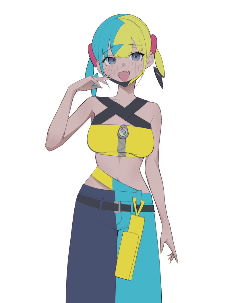 1girl :d absurdres bandeau bare_arms belt black_belt breasts canari_(pokemon) commentary_request cowboy_shot db_(geuze) fang hand_up happy highres korean_commentary mask mask_pull mouth_mask multicolored_hair nintendo open_mouth pants pokemon pokemon_legends:_z-a short_twintails simple_background skin_fang smile solo twintails white_background yellow_bandeau zipper zipper_pull_tab