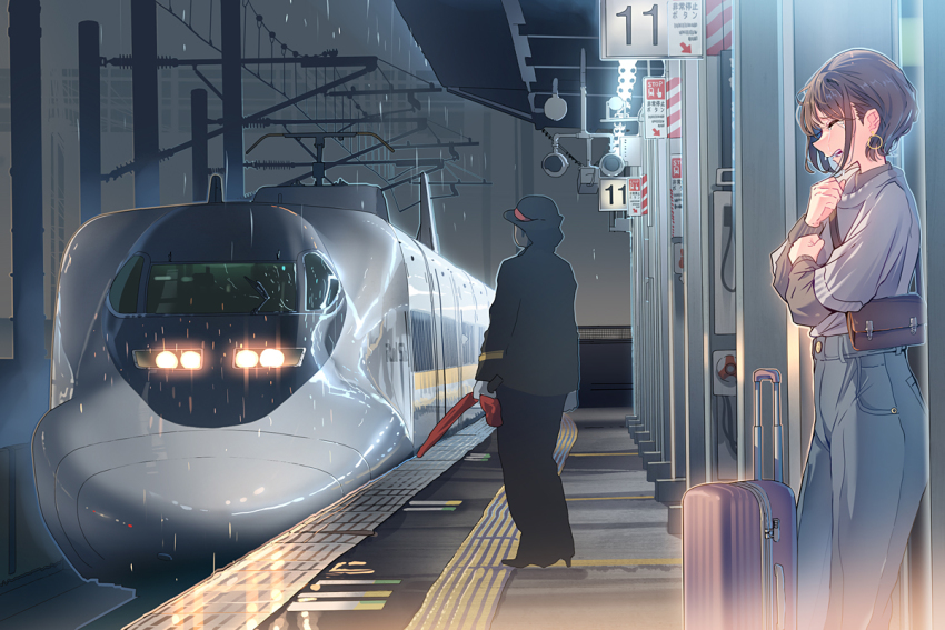 1boy 1girl bag blue_pants brown_eyes closed_eyes commentary_request crying daito handbag high-speed_train holding holding_umbrella luggage multiple_unit_train original outdoors pants rolling_suitcase short_hair sidelocks suitcase train train_station umbrella