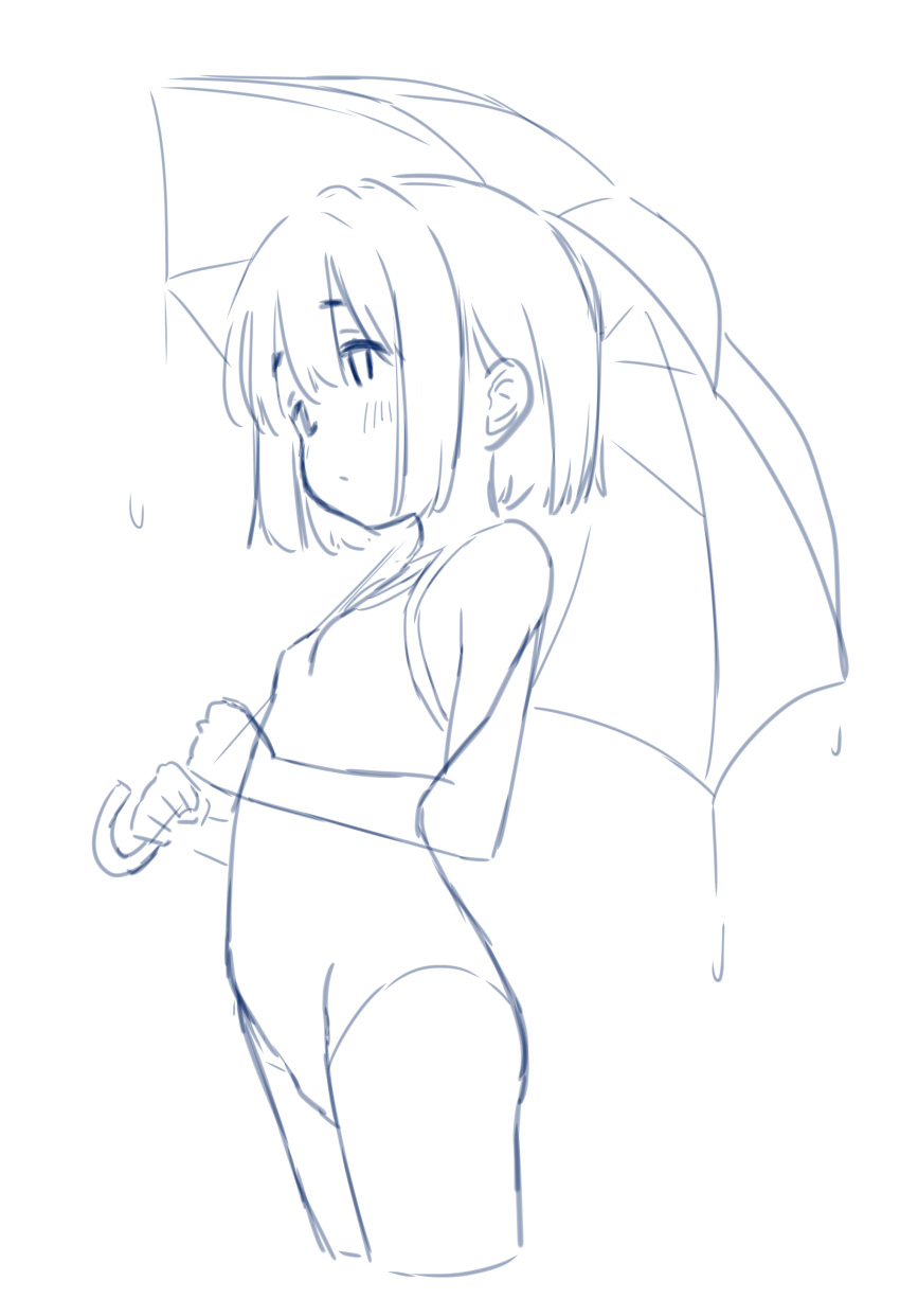 1girl absurdres blush breasts closed_mouth colored_lineart competition_school_swimsuit cropped_legs dot_mouth expressionless highres holding holding_umbrella looking_ahead monochrome one-piece_swimsuit original retsumaru school_swimsuit short_hair sidelocks sketch small_breasts solo standing swimsuit umbrella water_drop