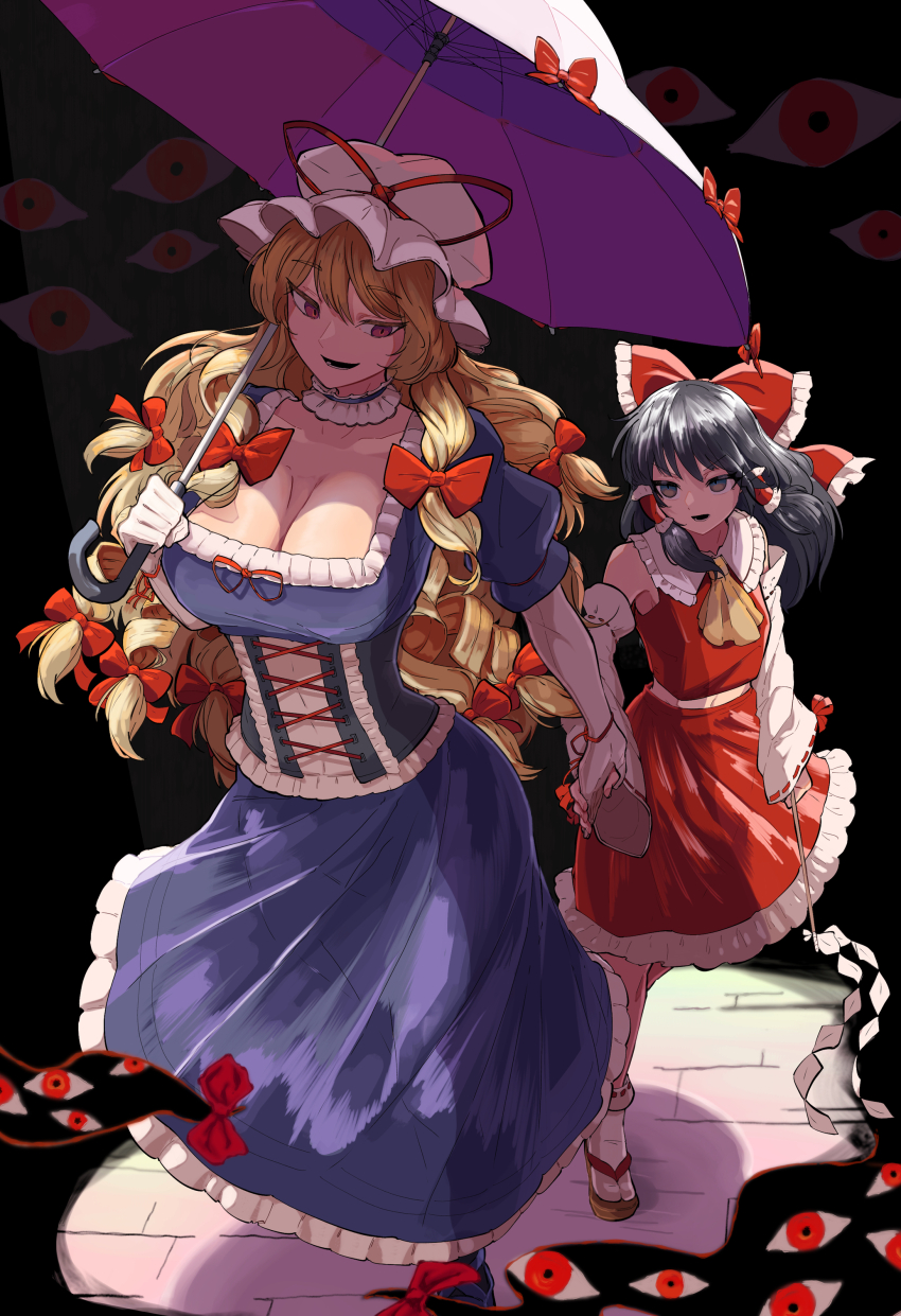 2girls absurdres bare_shoulders black_eyes black_hair blonde_hair bow breasts choker cleavage detached_sleeves dress elbow_gloves frills gap_(touhou) gloves gohei hair_ribbon hair_tubes hakurei_reimu hat highres holding holding_gohei holding_hands holding_umbrella large_breasts long_hair mob_cap multiple_girls odoro_(nicoseiga81184094) purple_dress purple_eyes red_bow red_shirt red_skirt ribbon shirt skirt touhou umbrella very_long_hair white_gloves yakumo_yukari
